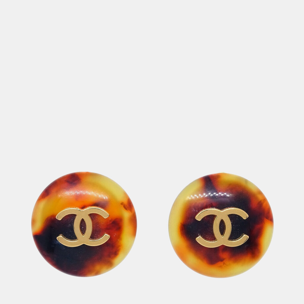 Chanel Button Earrings Clip-On Brown Chanel Button Earrings Clip-On Brown