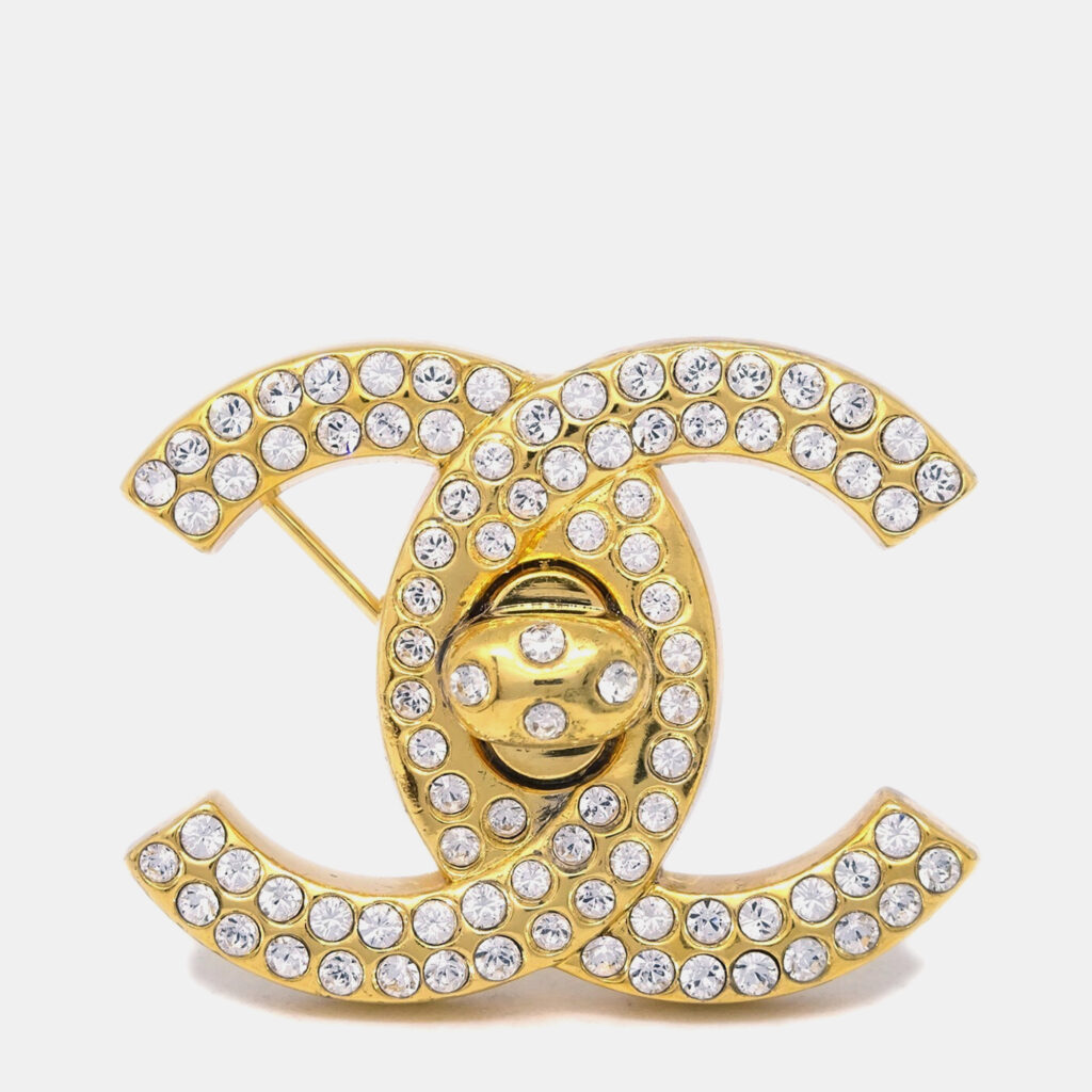 Chanel CC Turnlock Rhinestone Charm Brooch Pin Gold Chanel CC Turnlock Rhinestone Charm Brooch Pin Gold