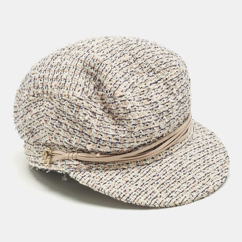 Chanel Pink Leather Trim Tweed Cap S Chanel Pink Leather Trim Tweed Cap S