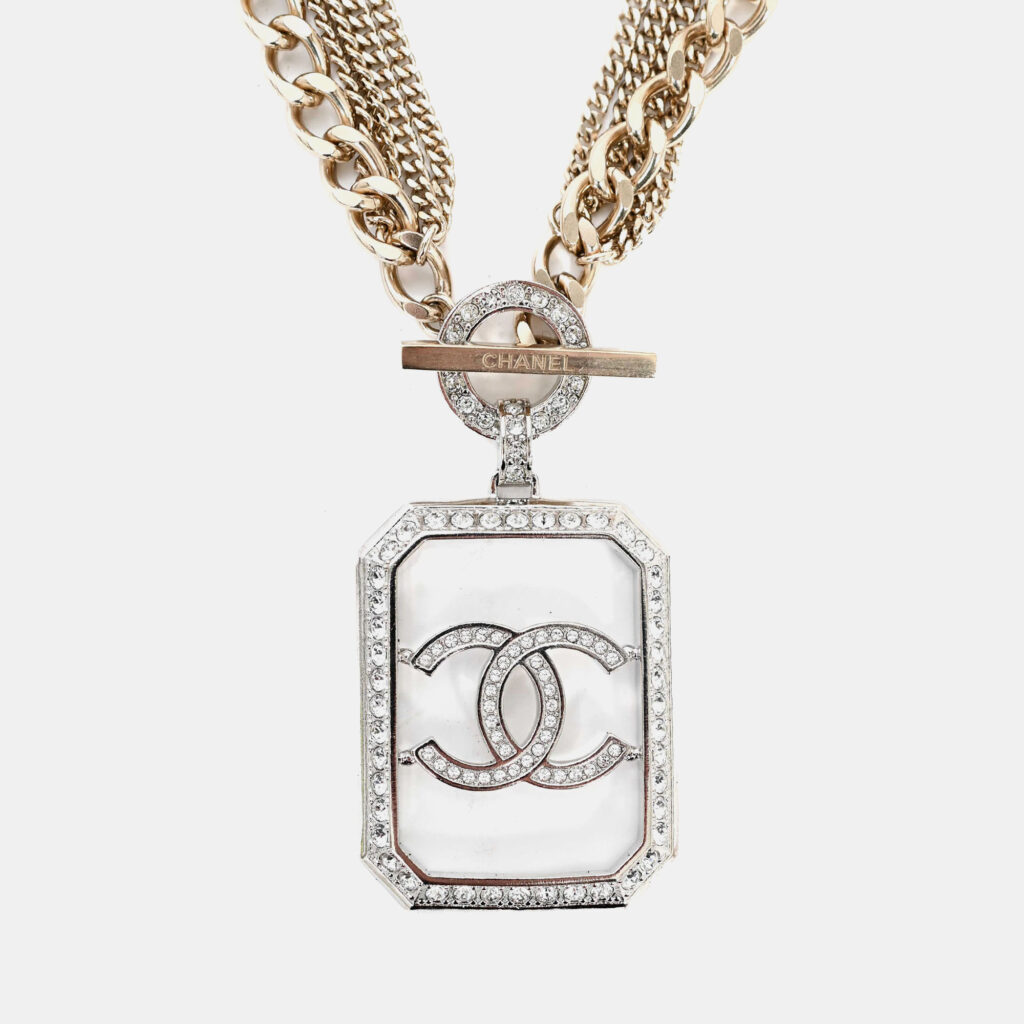 Chanel 2018 Gold Toned Multi-strand Chain Crystal Embellished CC Pendant Necklace Chanel 2018 Gold Toned Multi-strand Chain Crystal Embellished CC Pendant Necklace