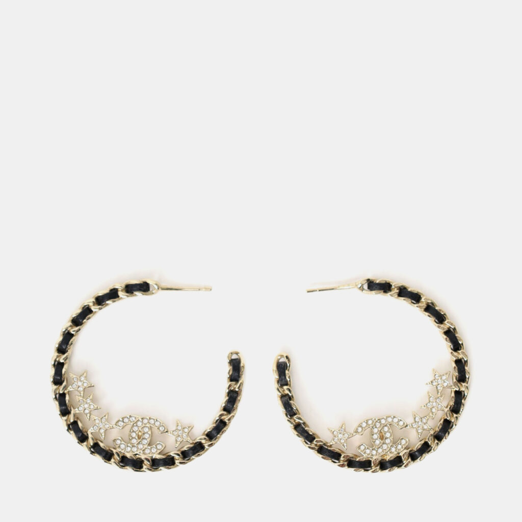 luxury-women-chanel-used-accessories-p1247750-005-1.jpg Chanel 2023 Gold-Tone/Black Leather Braided Crystal Star CC Hoop Earrings