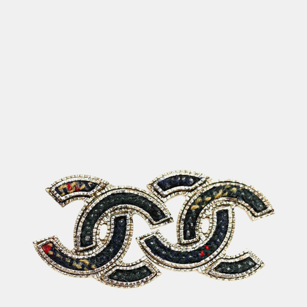luxury-women-chanel-used-accessories-p1247765-001-1.jpg Chanel 2013 Gold Toned Metal/Green Tweed CC Stud Earrings
