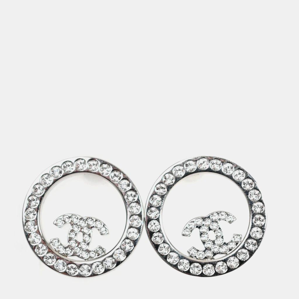 Chanel 2022 Silver Toned Crystal Ring CC Studs Chanel 2022 Silver Toned Crystal Ring CC Studs