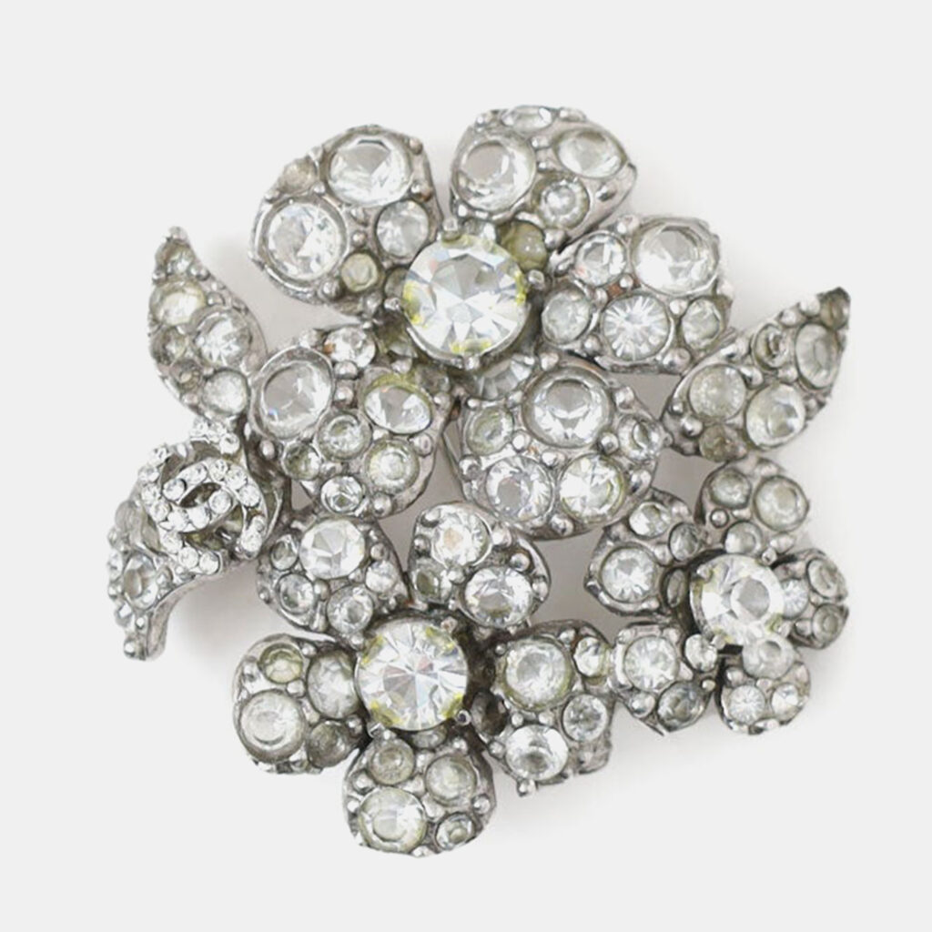 Chanel Silver Tone Crystal Floral CC Brooch Chanel Silver Tone Crystal Floral CC Brooch