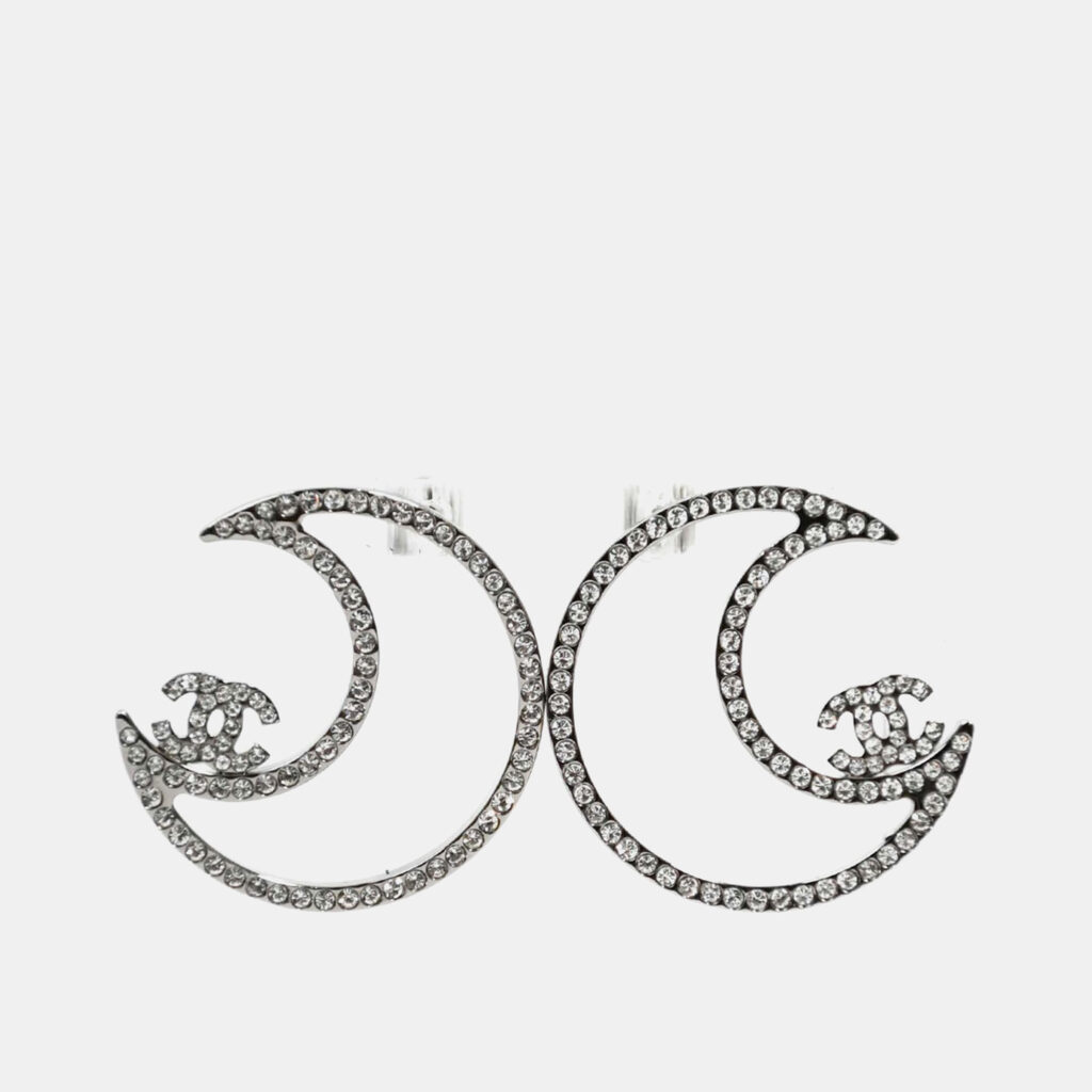 luxury-women-chanel-used-accessories-p1247785-002.jpg Chanel 2017 Silver Toned Crystal CC Moon Stud Earrings