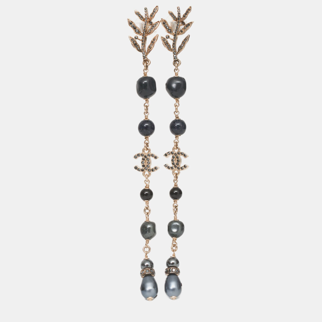 Chanel 2018 Forest Leaf Navy CC Logo Crystal Pearl Long Drop Earrings Chanel 2018 Forest Leaf Navy CC Logo Crystal Pearl Long Drop Earrings