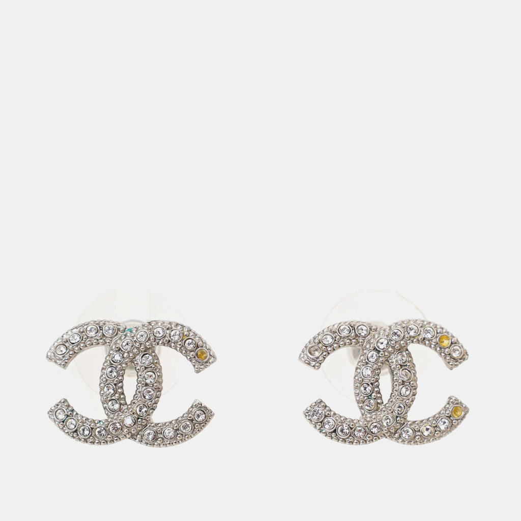 Chanel Crystal Silver Tone 'CC' Earrings (As Is) Chanel Crystal Silver Tone 'CC' Earrings (As Is)