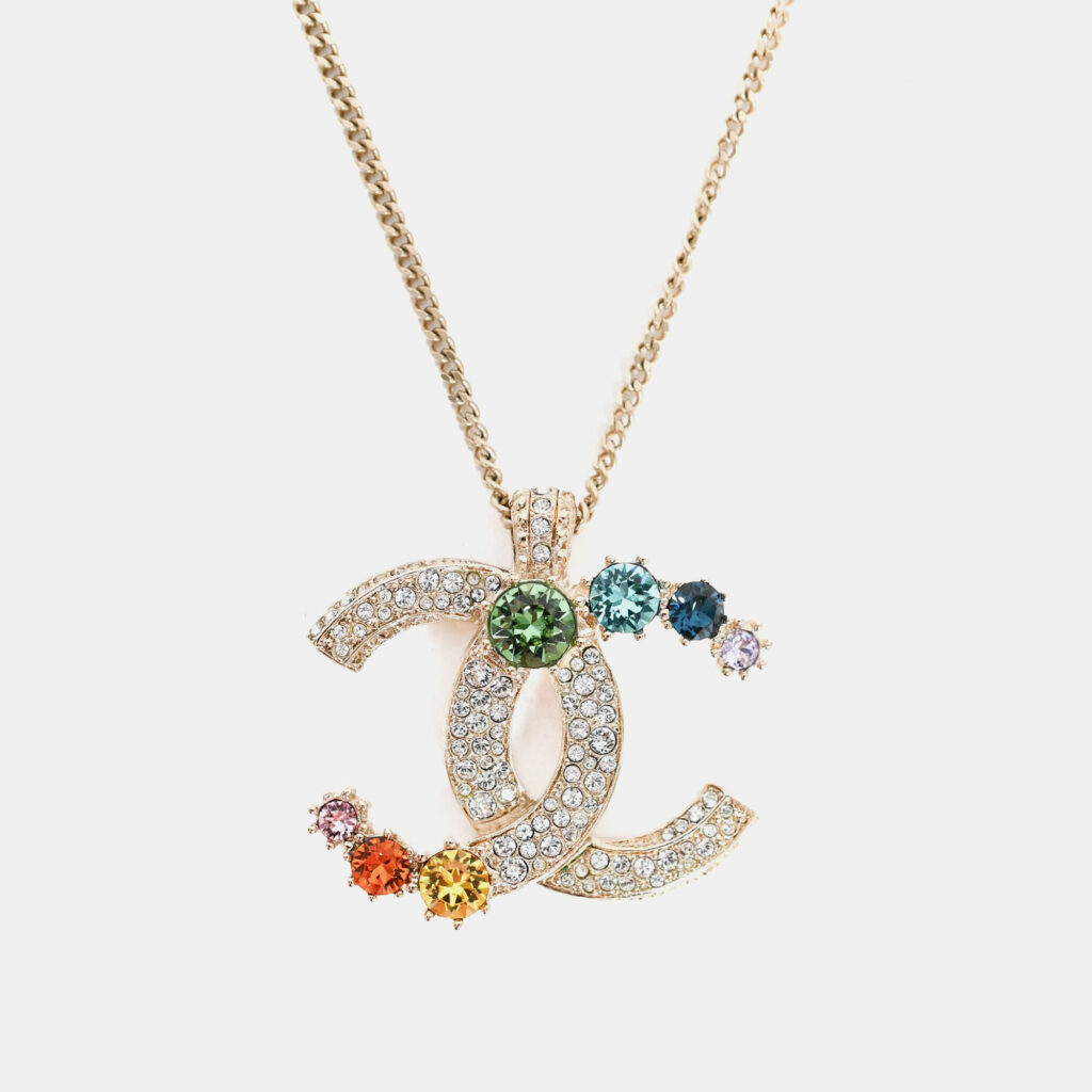 luxury-women-chanel-used-accessories-p1247832-004.jpg Chanel 2019 Gold Toned Rainbow Crystal CC Necklace