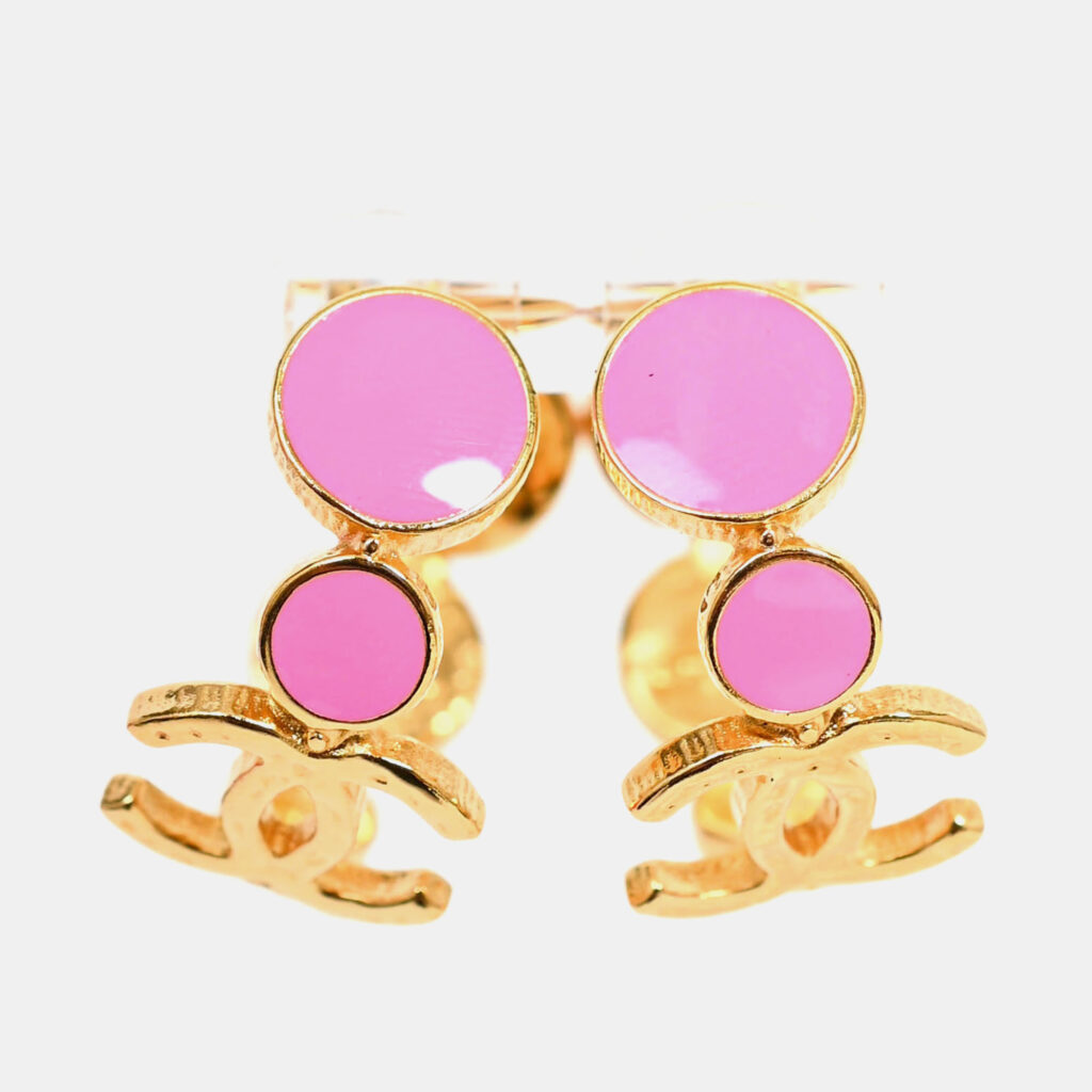 Chanel 2024 Gold Toned Pink Enamel CC Hoops Chanel 2024 Gold Toned Pink Enamel CC Hoops