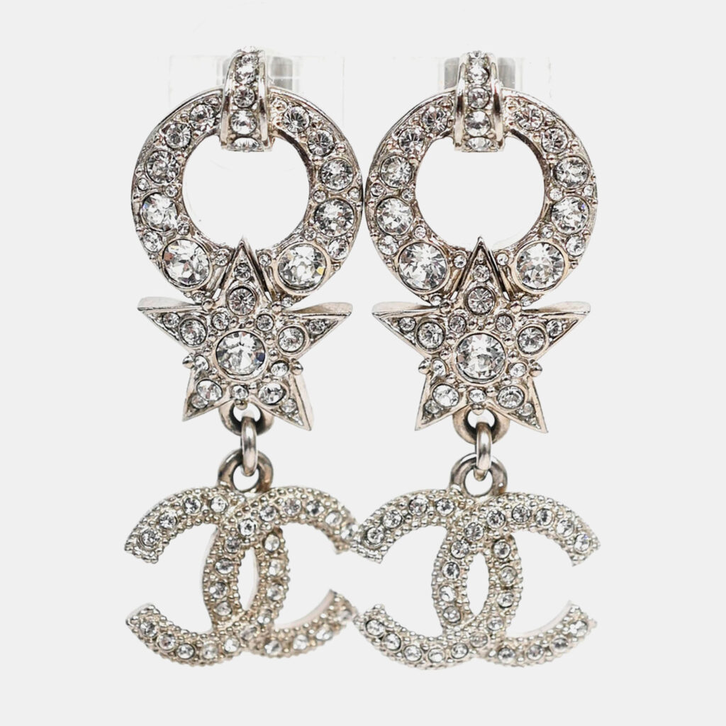 Chanel 2020 Silver Tone Crystal Star CC Earrings Chanel 2020 Silver Tone Crystal Star CC Earrings