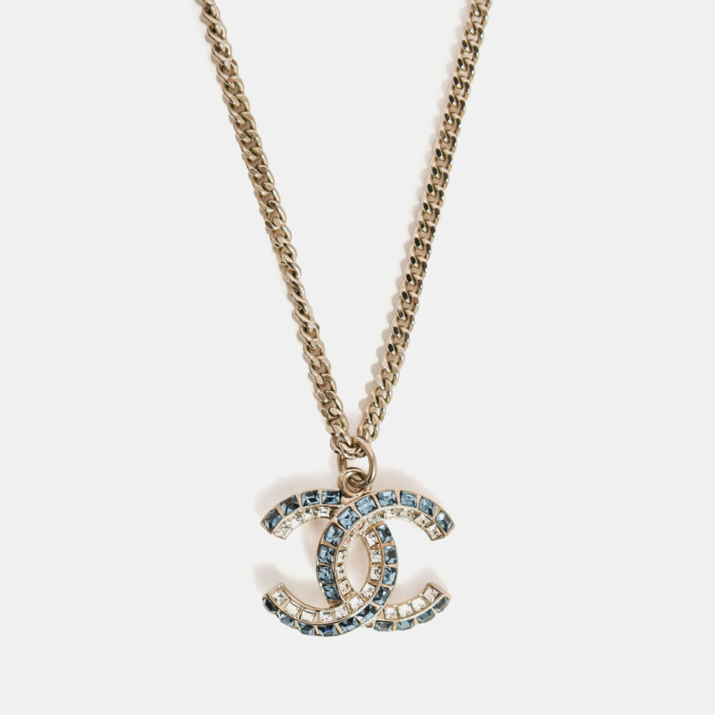 Chanel 2019 Silver Toned Blue Crystal CC Long Necklace Chanel 2019 Silver Toned Blue Crystal CC Long Necklace