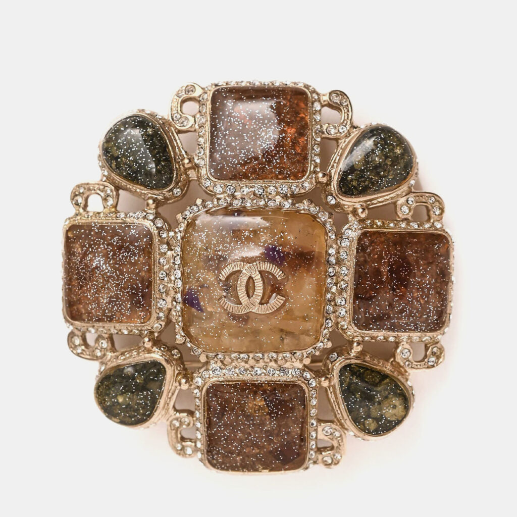 Chanel 2012 Green/Beige Glitter Resin CC Brooch Chanel 2012 Green/Beige Glitter Resin CC Brooch