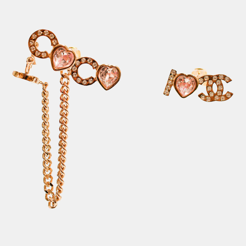Chanel 2022 Gold Toned 'I Heart Coco' Pink Crystal Embellished Stud Earrings with Ear Cuff Chanel 2022 Gold Toned 'I Heart Coco' Pink Crystal Embellished Stud Earrings with Ear Cuff
