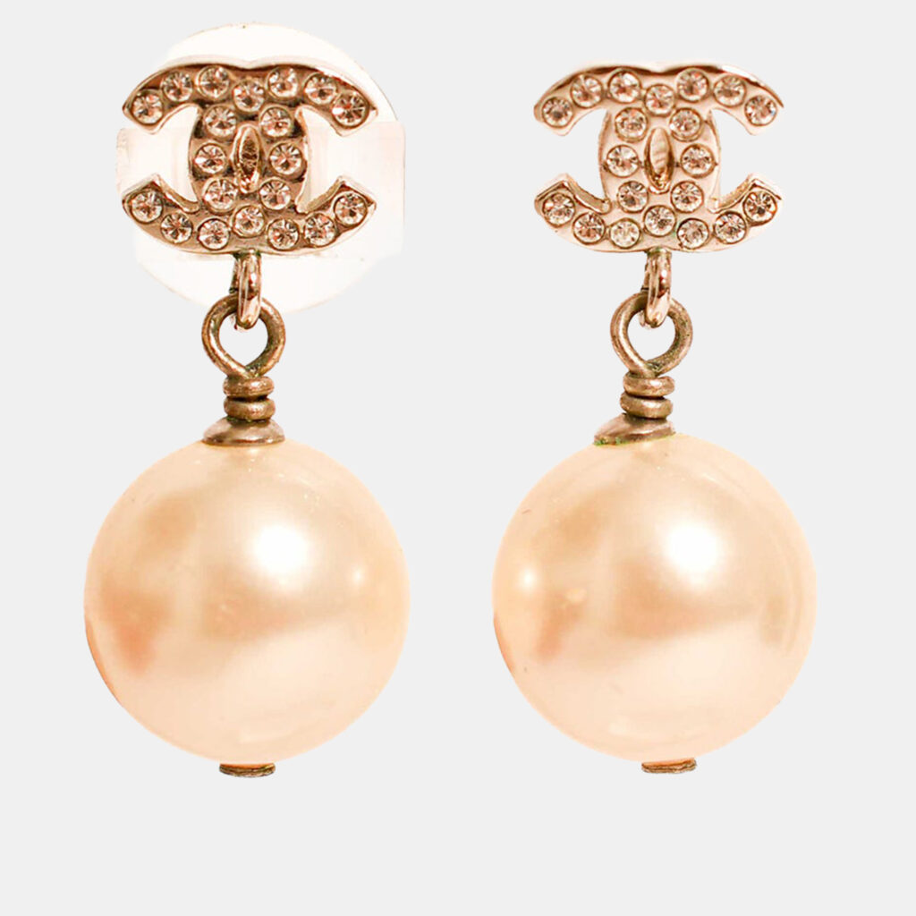 Chanel 2015 Gold Toned Crystal CC Faux Pearl Drop Earrings Chanel 2015 Gold Toned Crystal CC Faux Pearl Drop Earrings