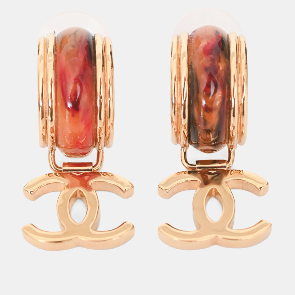 Chanel 2023 Gold Tone Metal/Resin CC Ear Hoops Chanel 2023 Gold Tone Metal/Resin CC Ear Hoops