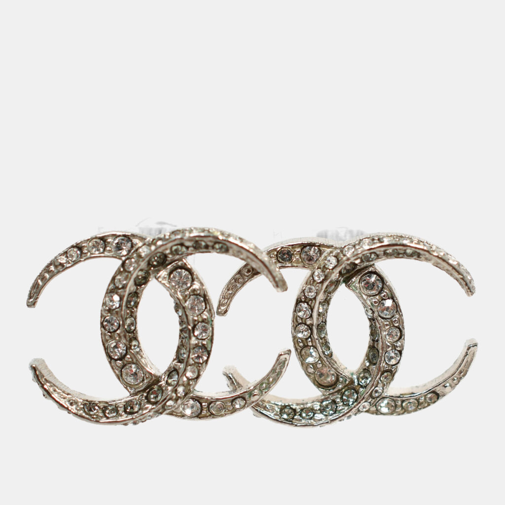 Chanel 2015 Silver Tone Crystal Embellished CC Stud Earrings Chanel 2015 Silver Tone Crystal Embellished CC Stud Earrings