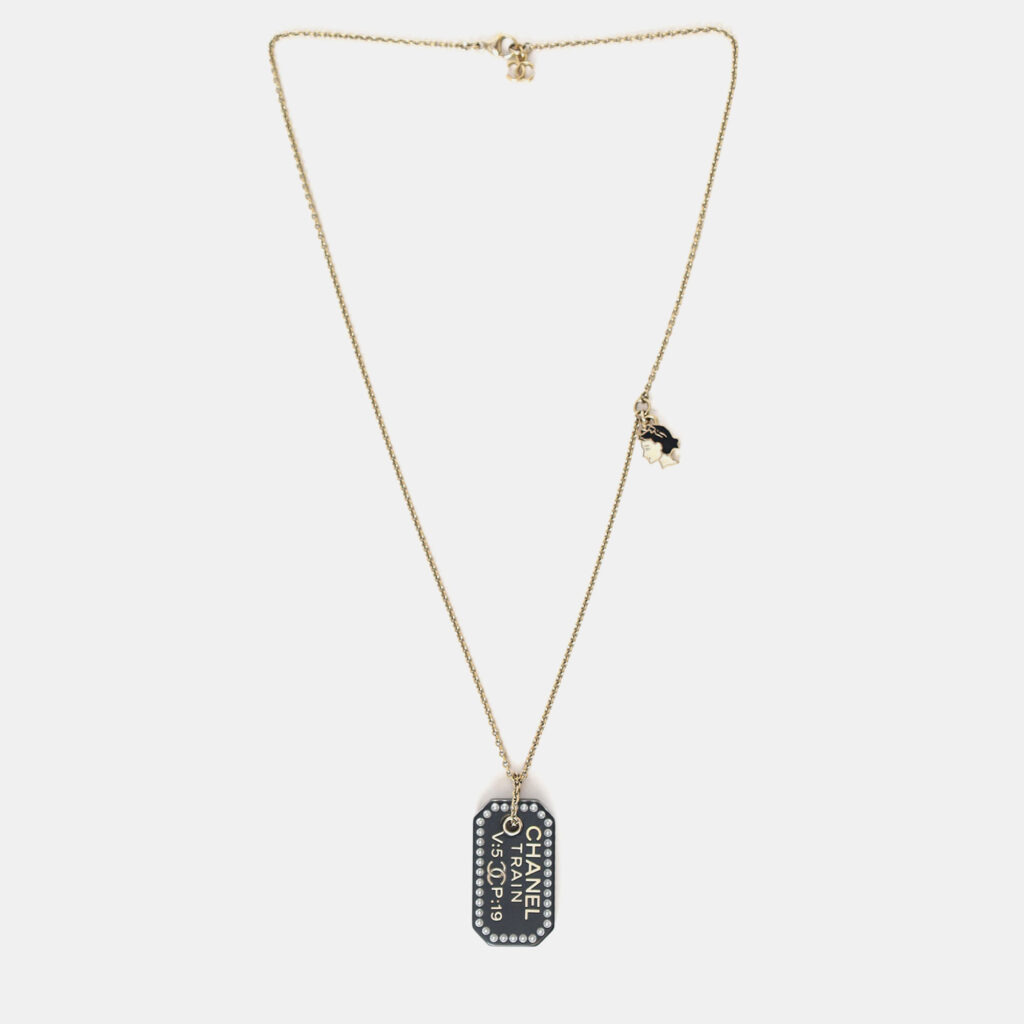 Chanel Black Plastic Coco Chanel Pearl Tag Necklace Chanel Black Plastic Coco Chanel Pearl Tag Necklace