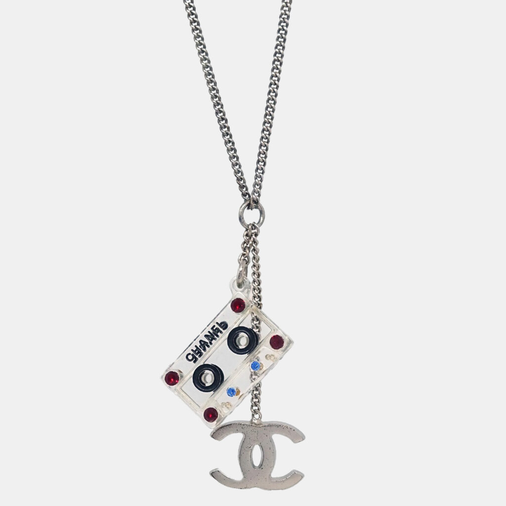 luxury-women-chanel-used-accessories-p1248752-002-1.jpg Chanel CC Cassette Tape Chain Pendant Necklace Rhinestone Silver