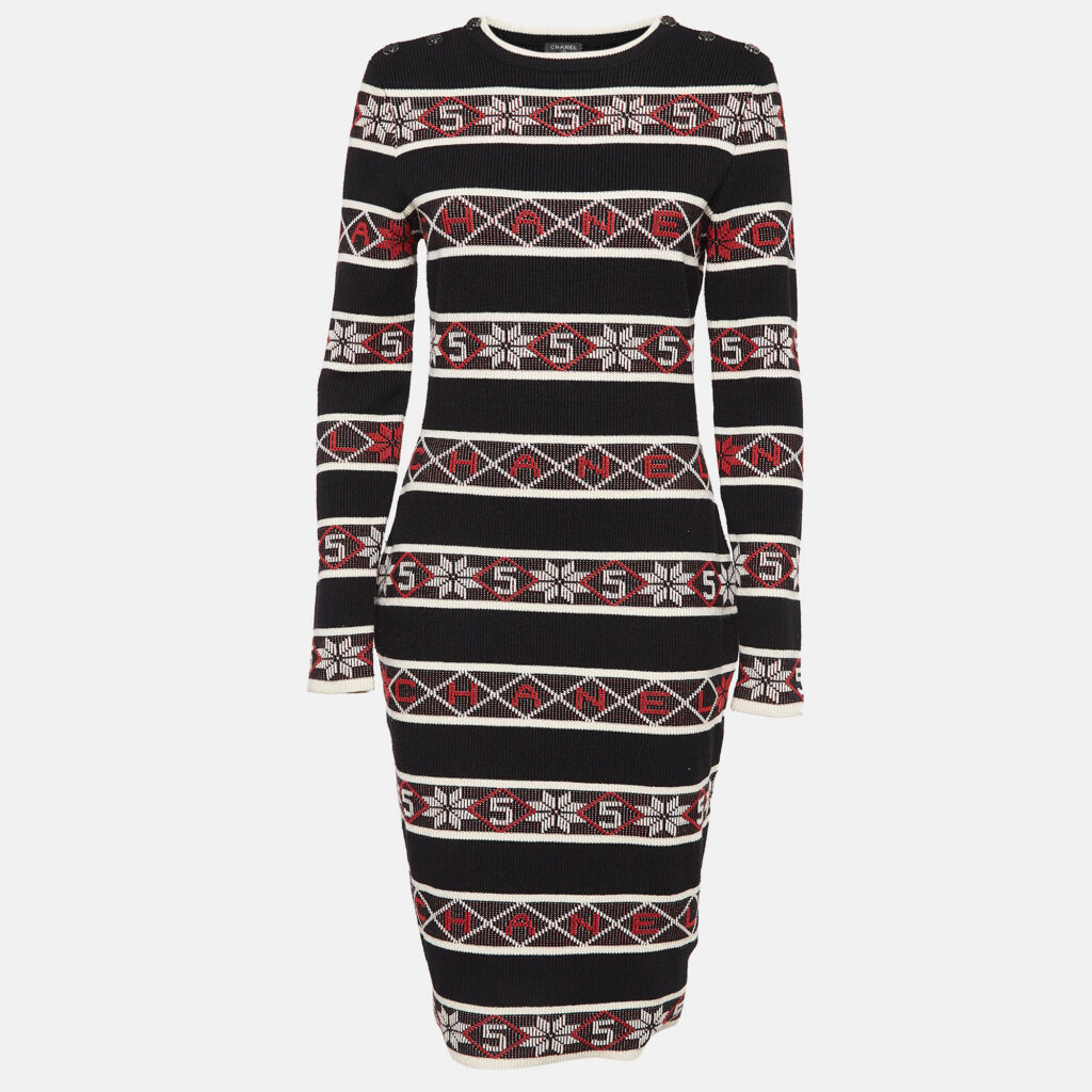 Chanel Black Stipe Pattern Rib Knit Bodycon Dress M Chanel Black Stipe Pattern Rib Knit Bodycon Dress M