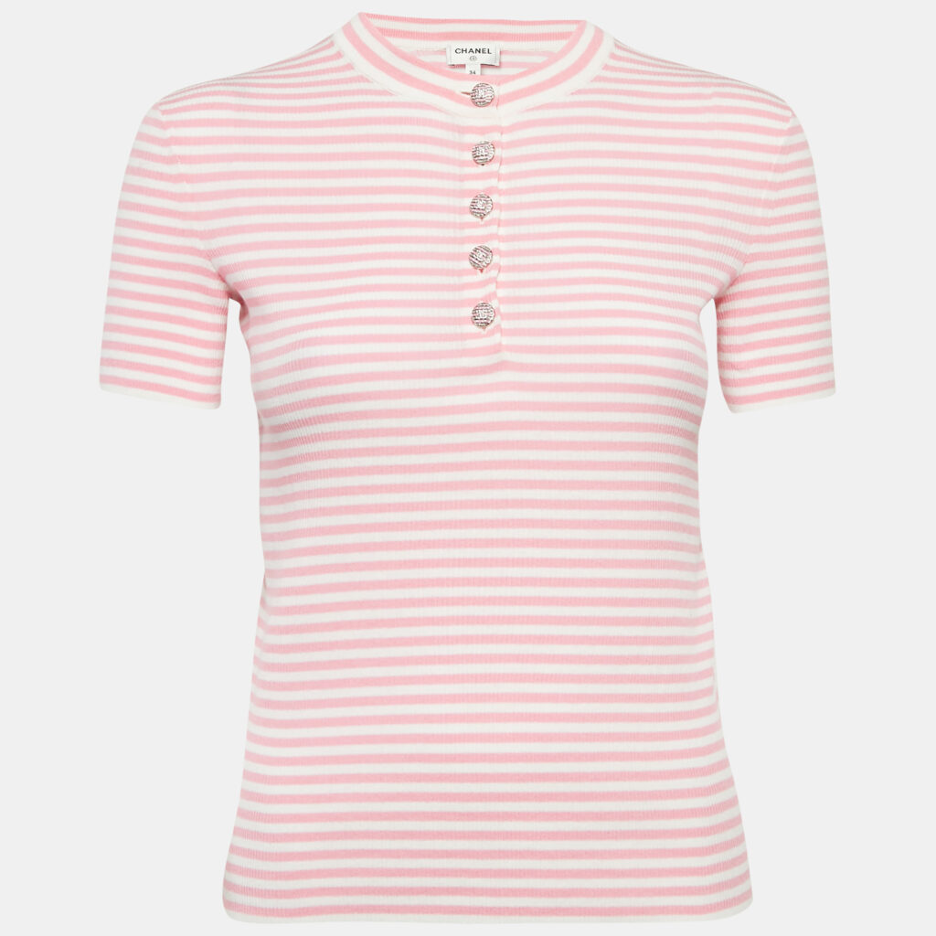 Chanel Pink/White Stripe Rib Knit Band Collar Top S