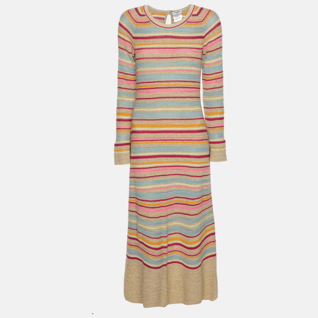 luxury-women-chanel-used-clothes-p1079282-001-1.jpg Chanel Multicolor Lurex Striped Knit Long Sleeve Dress M