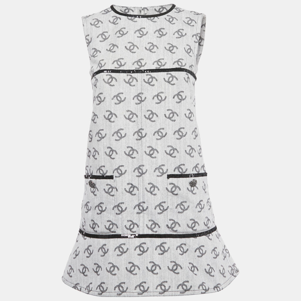 Chanel Grey Monogram Denim Sequin Embellished Shift Dress M Chanel Grey Monogram Denim Sequin Embellished Shift Dress M
