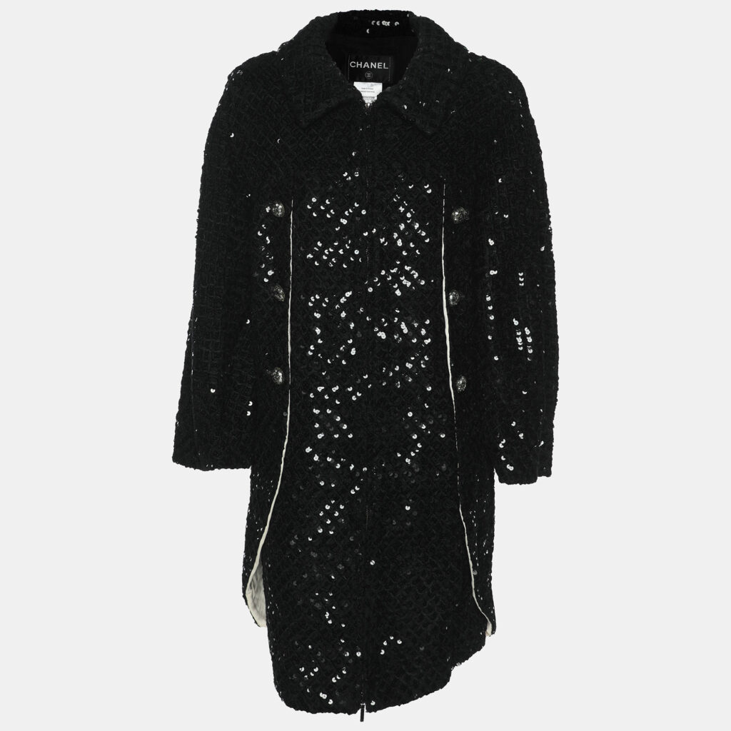Chanel Black Sequin Tweed Camelia Coat M