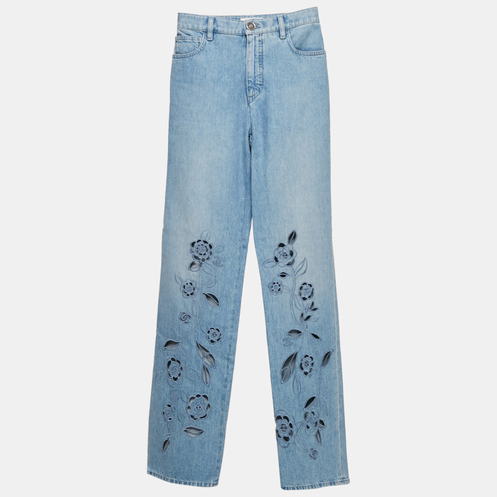 Chanel Blue Floral Floral Cut-Work Denim Straight Leg High Rise Jeans Waist 24" S Chanel Blue Floral Floral Cut-Work Denim Straight Leg High Rise Jeans Waist 24" S