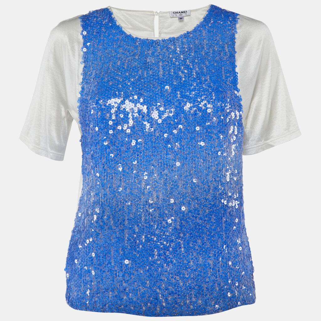 Chanel Blue/White Sequined Short Sleeve Top S