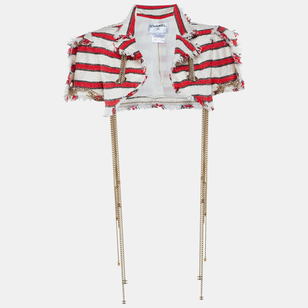 Chanel Red & Off White Tweed CC Logo Chain Detail Frayed Cropped Jacket M