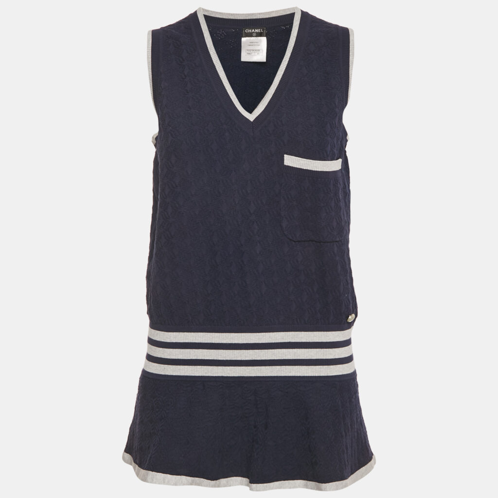 Chanel Navy Blue Patterned Cotton Knit Flared Long Vest M Chanel Navy Blue Patterned Cotton Knit Flared Long Vest M