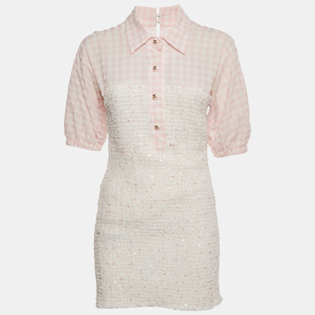 Chanel Pink Seeksucker and Tweed Mini Dress M
