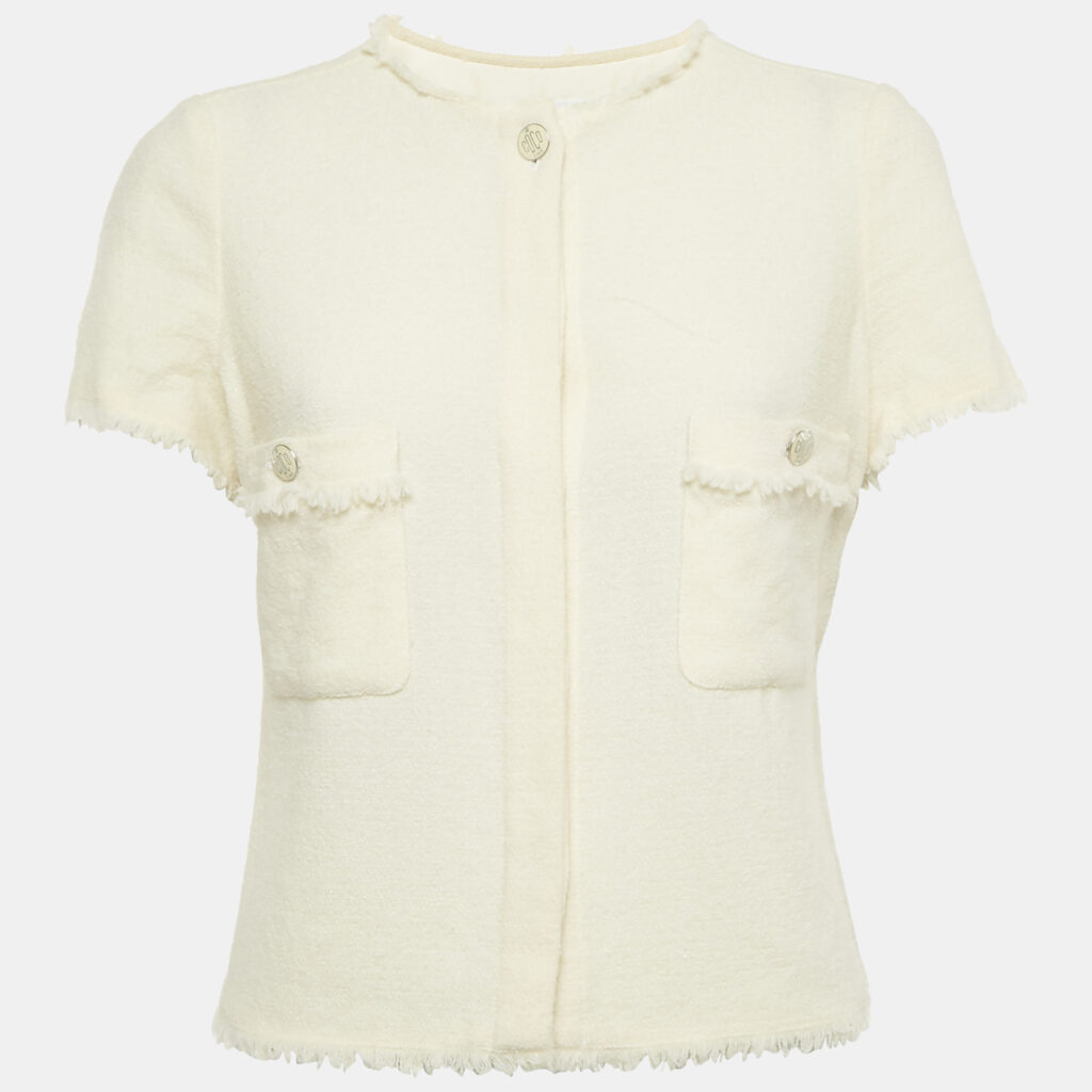 Chanel Cream Wool Tweed Button Front Cropped Jacket M Chanel Cream Wool Tweed Button Front Cropped Jacket M