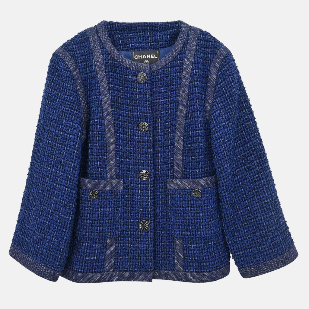 Chanel Single Breasted Collarless Navy Jacket Size 42