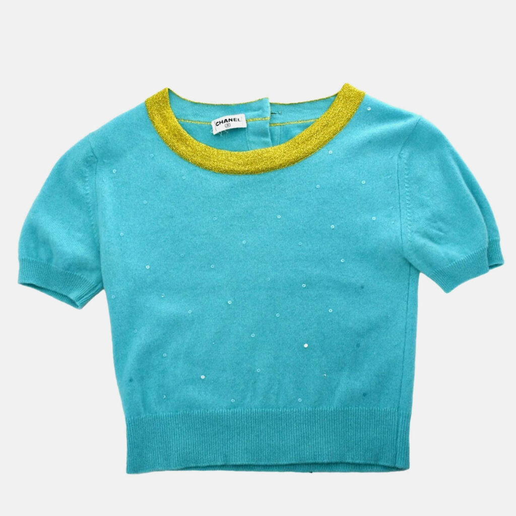 Chanel Light Blue Knit Short Sleeve Sweater Top Chanel Light Blue Knit Short Sleeve Sweater Top