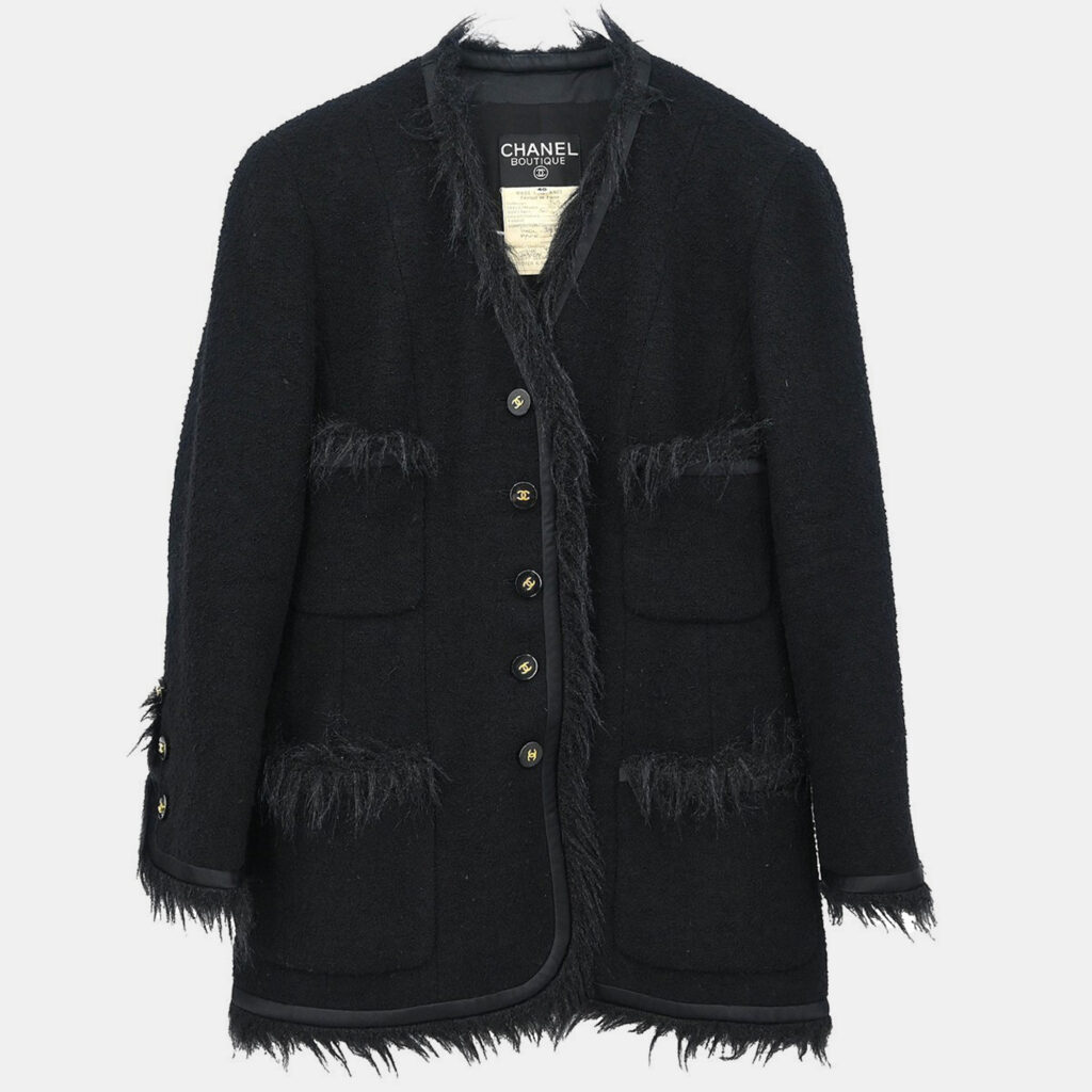 Chanel Single Breasted Collarless Black Wool Jacket Size 40 Chanel Single Breasted Collarless Black Wool Jacket Size 40