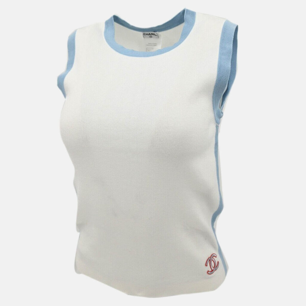 Chanel White/ Blue Cotton Sleeveless Top 40 Chanel White/ Blue Cotton Sleeveless Top 40