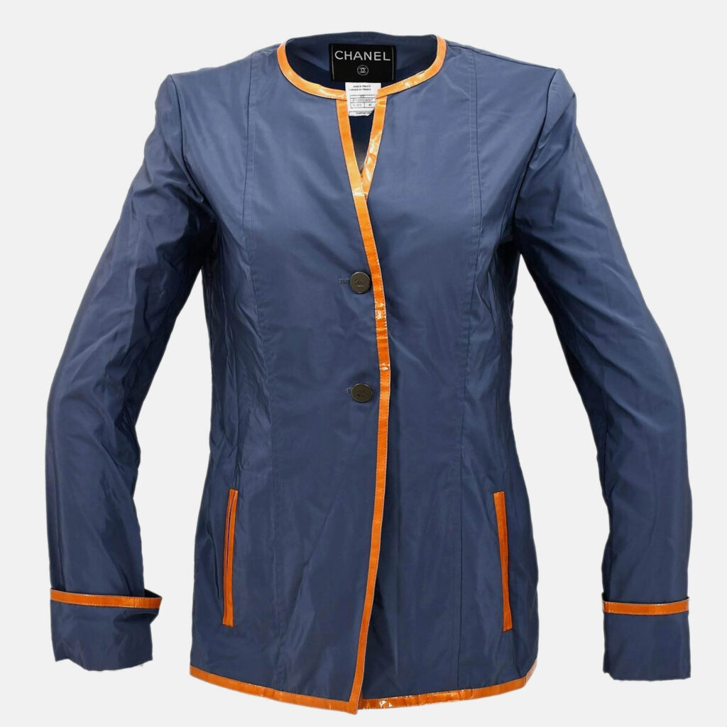 Chanel Collarless Blue Nylon Single Breasted Jacket Women Size 40 Chanel Collarless Blue Nylon Single Breasted Jacket Women Size 40