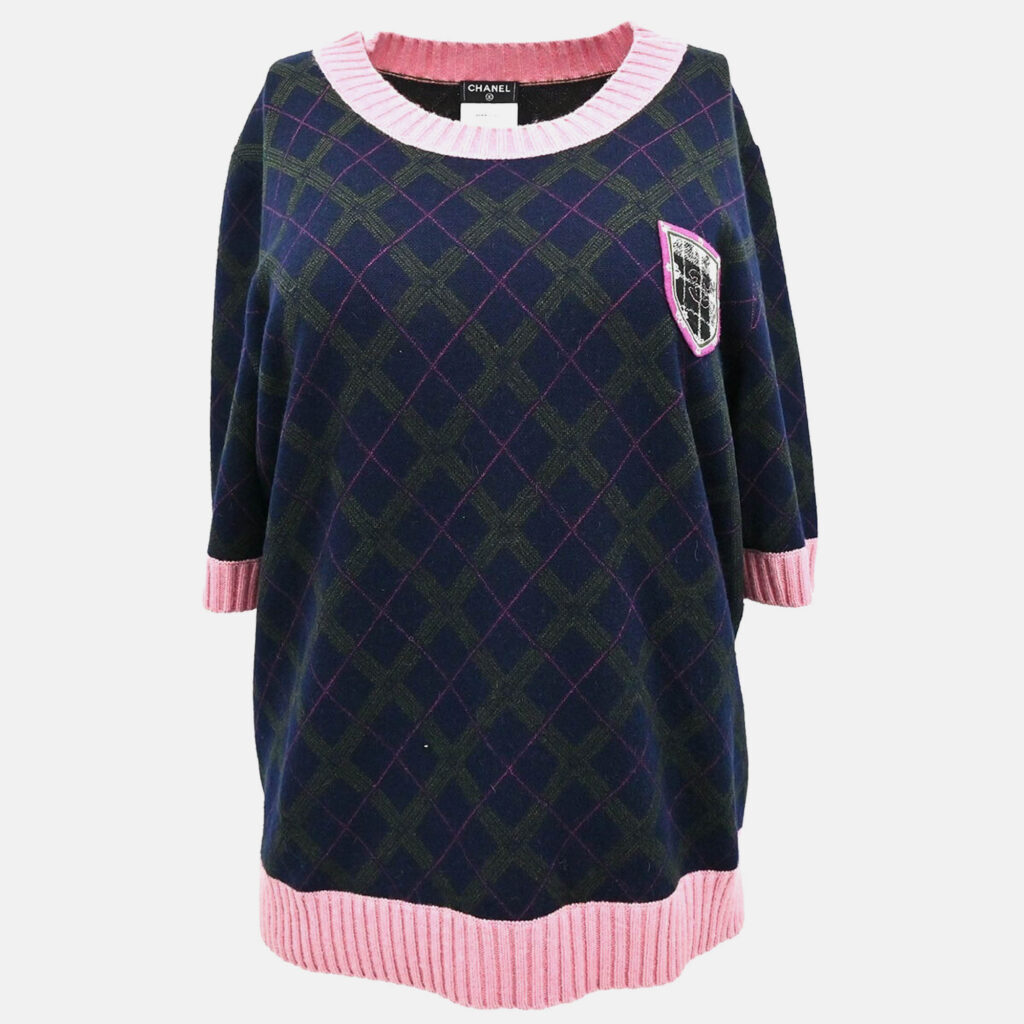 Chanel Short Sleeve Sweater Navy Knit Top Size 46 Chanel Short Sleeve Sweater Navy Knit Top Size 46