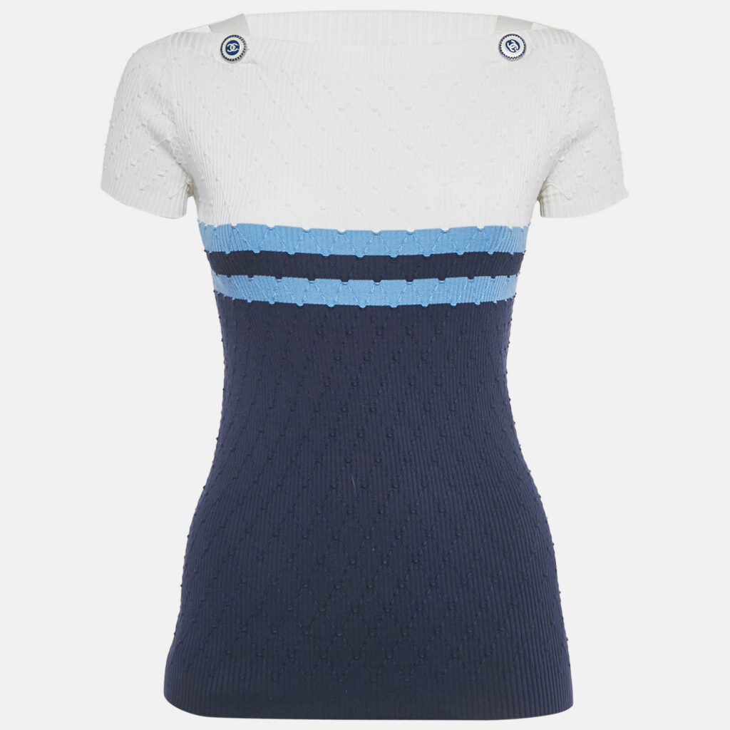 Chanel White/Blue Striped Rib Knit Top S