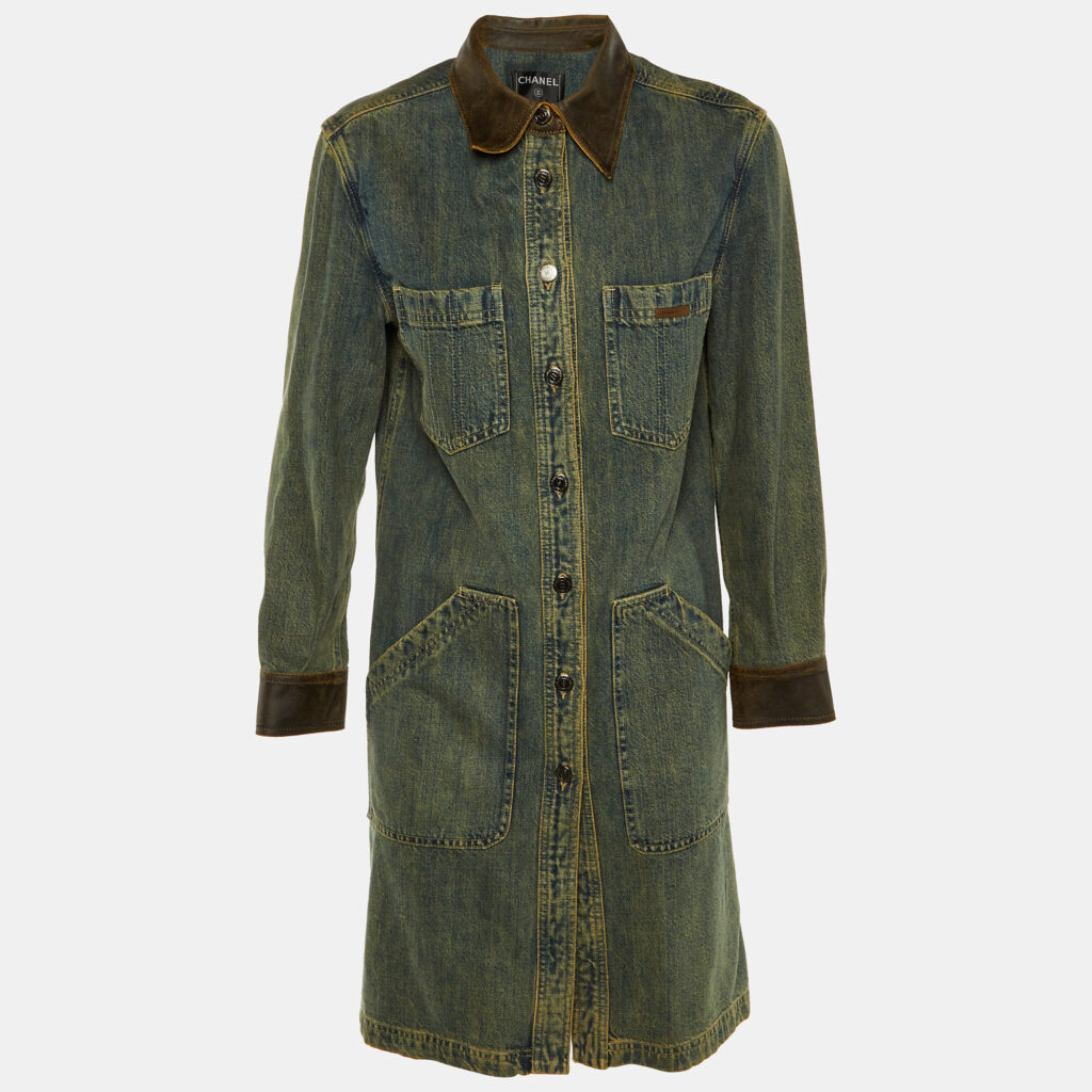 Chanel Blue Denim & Leather Collar Button Front Coat M Chanel Blue Denim & Leather Collar Button Front Coat M