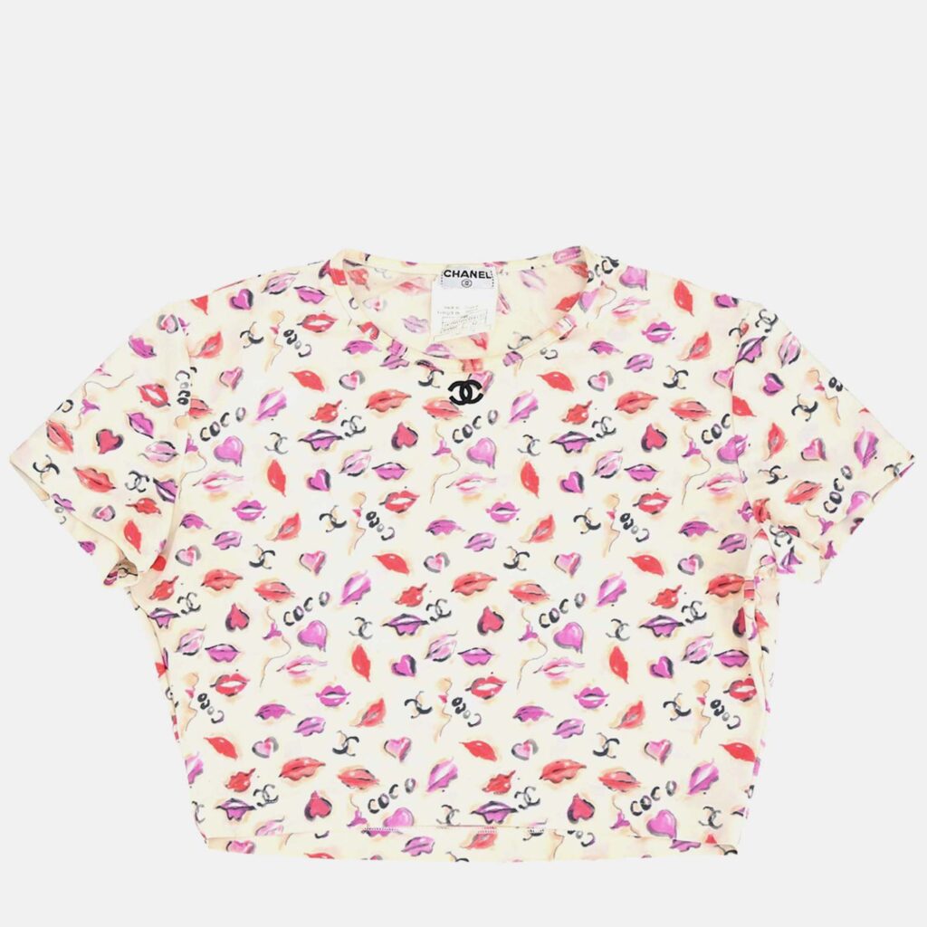 Chanel Lipstick Cropped Ivory Cotton T-Shirt Size 42 Chanel Lipstick Cropped Ivory Cotton T-Shirt Size 42