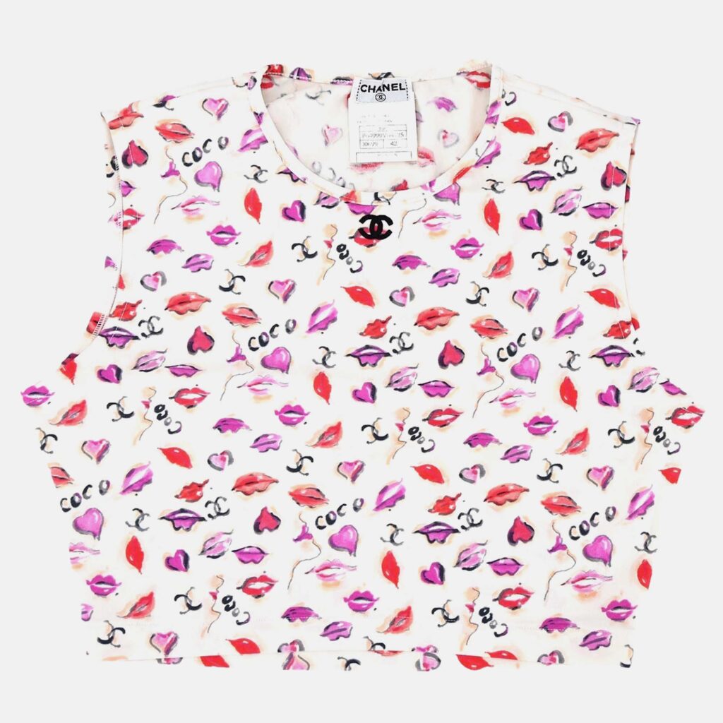 Chanel Lipstick Cropped Sleeveless White Cotton Top Size 42 Chanel Lipstick Cropped Sleeveless White Cotton Top Size 42