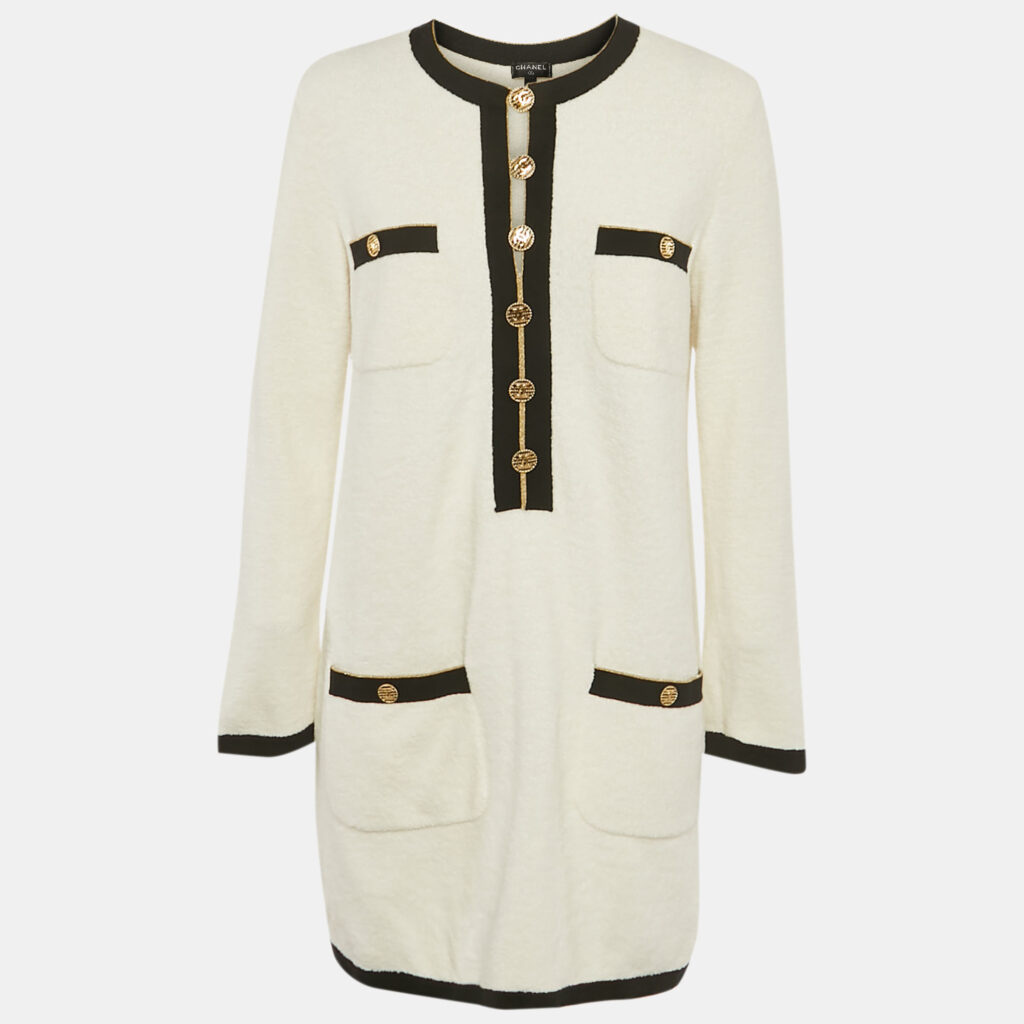 Chanel White Cotton Terry Button Detail Mini Dress M
