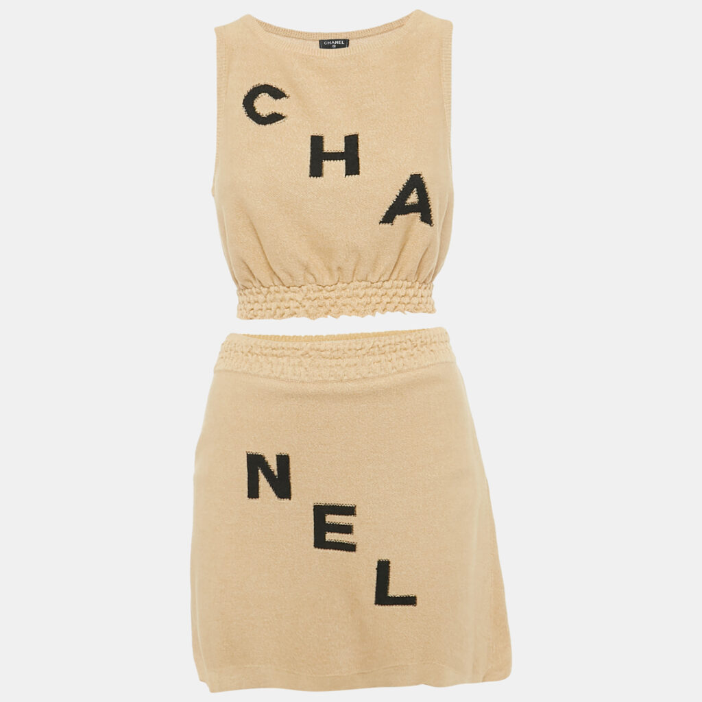 Chanel Brown Logo Jacquard Knit Top and Skirt Set M Chanel Brown Logo Jacquard Knit Top and Skirt Set M