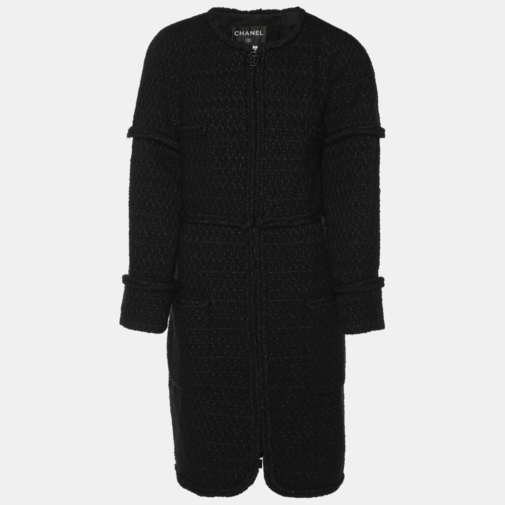 Chanel Black Tweed Mid Length Coat L Chanel Black Tweed Mid Length Coat L