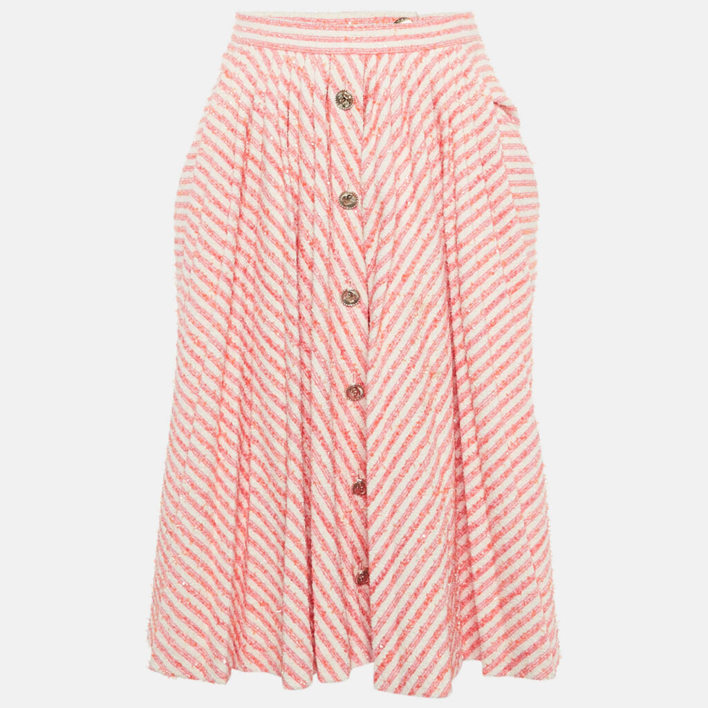 Chanel Pink /Orange Striped Tweed Front Drape Detail Short Skirt M Chanel Pink /Orange Striped Tweed Front Drape Detail Short Skirt M