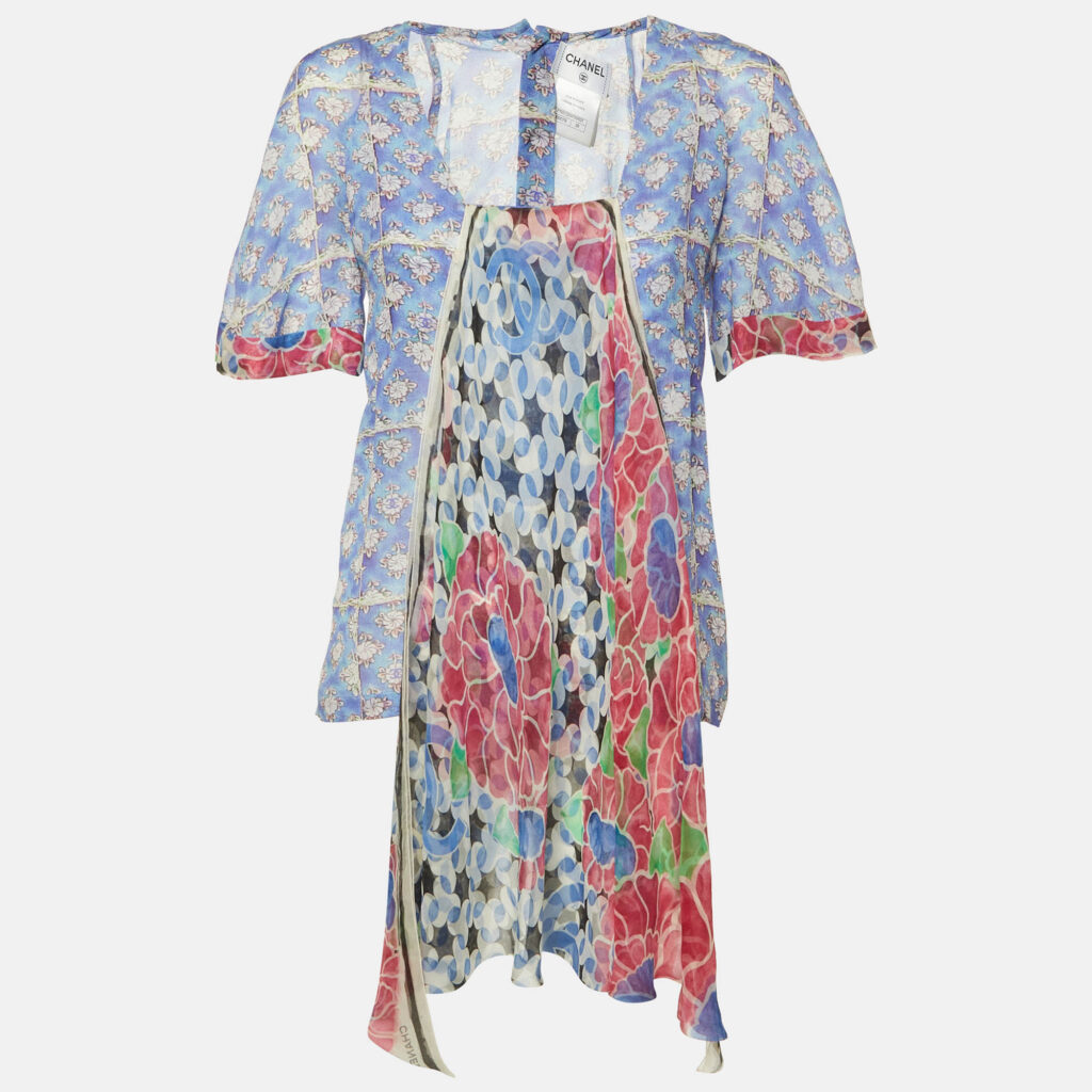 Chanel Blue Floral Print Silk Scarf Detail Blouse M