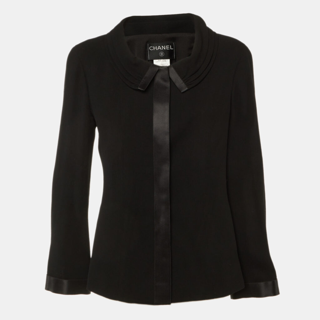 Chanel Black Wool Button Front Jacket L Chanel Black Wool Button Front Jacket L