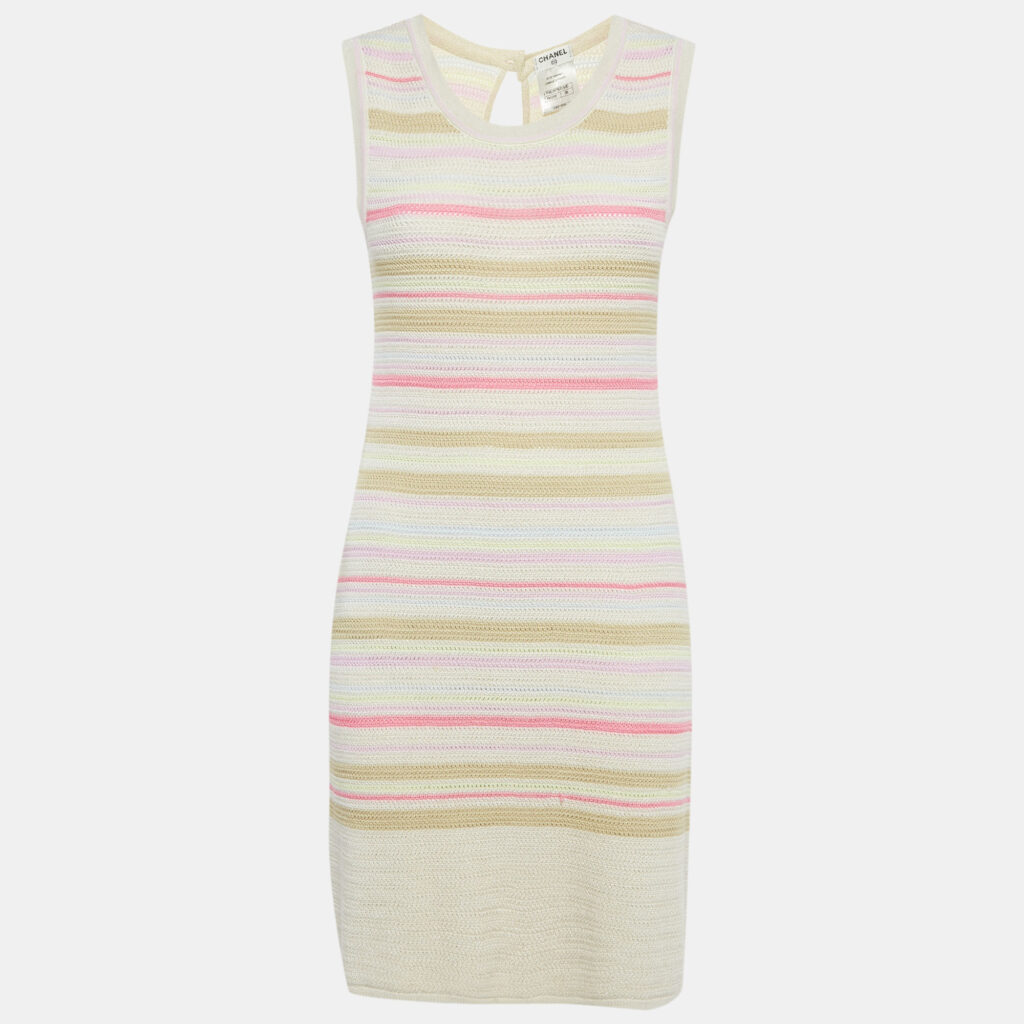 Chanel Pink/Cream Striped Lurex Knit Bodycon Dress M Chanel Pink/Cream Striped Lurex Knit Bodycon Dress M